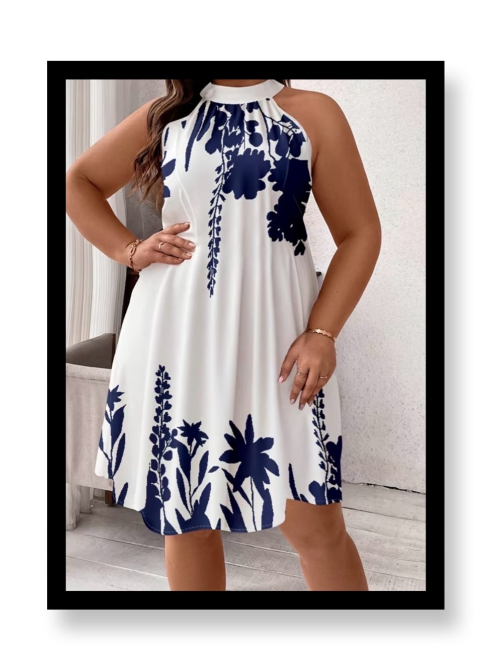 New Women’s Plus Size White & Blue Floral Halter Summer Dress